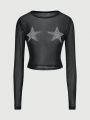 Grunge Punk Women's Starry Rhinestone Decor Perspective Sheer Mesh Top