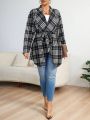 SHEIN Privé Plus Size Plaid Waterfall Collar Coat With Belt