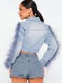 Anania Fuzzy Trim Sleeve Crop Denim Jacket