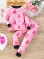 Young Girl Cartoon Graphic Contrast Trim PJ Set