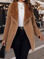 Waterfall Collar Contrast Binding Open Front Teddy Coat