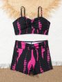 Girls' Tie-dye Print Bikini Set With Bow Decorations, Summer