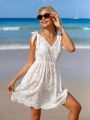 SHEIN Swim Mod Tied Shoulder Eyelet Embroidery Sleeveless Cover Up Dress