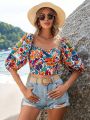 SHEIN VCAY Women's Vacation Floral Print Puff Sleeve Shirt