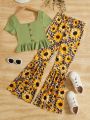 SHEIN Teen Girl's Square Neckline Ruffle Hem Top With Sunflower Print Flared Pants Casual Outfit