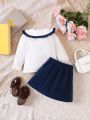 Baby Girl Floral Embroidery Statement Collar Blouse & Bow Front Split Hem Skirt