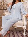 Women's Lace Patchwork Ruffle Hem Long Sleeve Sleepwear Set