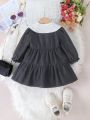 Baby Girls' Long Sleeved Denim Dress With Detachable Lace Trim, Can Be Worn 2 Ways