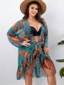 Plus Tropical Print Ruffle Trim Belted Kimono