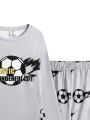 SHEIN Teen Boys' Casual Sports Letter & Soccer Printed Tight Home Wear Set