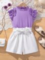 SHEIN Kids FANZEY Tween Girl Ruffle Collar Fly Sleeve Shirt With Detachable Belt And Shorts