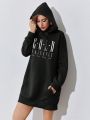 Women's Letter Printed Hooded Sweatshirt Dress With Drawstring