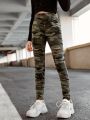 SHEIN Kids EVRYDAY Girls Camo Print Ripped Leggings