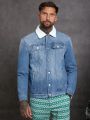 SHEIN Men Borg Collar Flap Pocket Denim Jacket