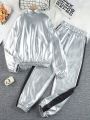 SHEIN Kids Nujoom Tween Girls Iridescent Silver Jacket, Black Tank Top & Silver Cuffed Pants 3pcs Suit