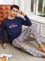 Men'S Letter Printed Long Sleeve T-Shirt And Plaid Pants Homewear