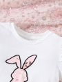 SHEIN Kids QTFun Young Girls' Round Collar Short-Sleeved T-Shirt With Rabbit Pattern And Skirt With Flower Decorative Buckle