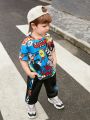 SHEIN Little Boys' Cute And Comfortable Cartoon Printed Short Sleeve T-Shirt With Side Paneled, Contrasting Color Knit Pants Outfit