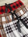 3pcs Women'S Plaid Pattern Bowknot Decor Long Pajama Pants Set