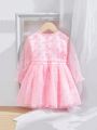 SHEIN Baby Girls' Elegant Pink Butterfly & Polka Dot Mesh Long Sleeve Dress