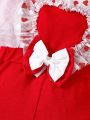 Baby Girl Love Mesh Ruffle Trim Bow Front Suspender Jumpsuit