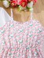 SHEIN Kids EVRYDAY Tween Girls' 2pcs/Set Floral Print Spaghetti Strap Jumpsuit And Short Jacket