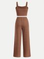 SHEIN Teenage Girls' Knit Slim Solid Color Tank Top + Loose Fit Pants Casual Outfit