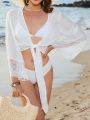 SHEIN Swim BohoFeel 1pc Lace Cuff Tie Front Kimono