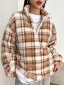 DAZY Women's Check Plaid Fleece Sweatshirt With Half-zipper Front