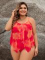 SHEIN Swim Classy Plus Size Tie Dye Asymmetric Hem Cami Top And Triangle Bottom Two Piece Swimsuit Set