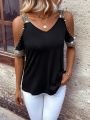 Off-Shoulder Neckline Beaded V-Neck T-Shirt