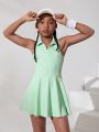 SHEIN Tween Girls' Sleeveless Knitted Dress With Shirt Collar, Casual And Sporty Style