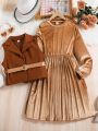 SHEIN Kids KDOMO Spring And Autumn Casual Business Suit Collar Jacket Velvet Pleated A-Line Dress Set, Waist-Tightening To Show Curve