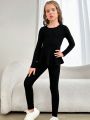 SHEIN Girls' Knitted Solid Color Round Neck Long-sleeved Pullover Long-sleeved Pajama Set