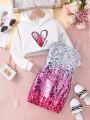 SHEIN Kids CHARMNG Young Girl Love Heart Glittery Printed Hoodie & Cami Dress Two Piece Set