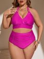 SHEIN Swim Basics Plus Size Halter Neck Bikini Set With Ruched Details