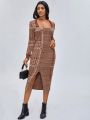 ELPIDA Plaid Pattern Split Front Bodycon Sweater Dress