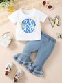 Baby Girls' Cute Daisy & Letter Printed Short Sleeve T-Shirt And Casual Denim Flared Pants Set