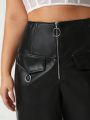 Sara Cennamo Plus Zip Fly Flap Detail PU Leather Wide Leg Pants