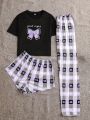 Bow & Letter Graphic Tee & Plaid Print Shorts & Pants PJ Set