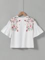 SHEIN Kids CHARMNG Girls' Round Neck Puff Sleeve T-Shirt With Ruched Detail And Flower Print On Both Sides