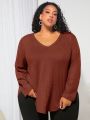 SHEIN CURVE+ Plus Size V-neck Waffle Pattern Long Sleeve T-shirt