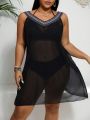 SHEIN Swim BohoFeel Plus Size Color Block Asymmetrical Hem Sleeveless Perspective Cover Up Dress