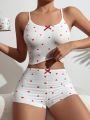 Heart Print Bow Front Cami Top & Shorts PJ Set