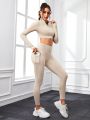 Women'S Half-Zip Cropped T-Shirt With Pockets Detail Side Stripe Leggings Sports Set