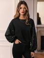 SHEIN Frenchy Women's Rhinestone Inlaid Drop Shoulder Long Sleeve Sweatshirt