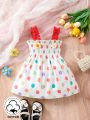 Baby Girl'S Casual Striped Polka Dot Dress With Design Sense And Floral Accessory