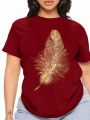 Plus Size Women's Feather Print Short Sleeve T-Shirt