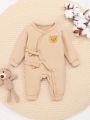 SHEIN Baby Girl Bear Patched Raglan Sleeve Bow Front Jumpsuit