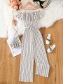 SHEIN Kids EVRYDAY Tween Girls' New Summer Jumpsuit, Off-Shoulder And Sleeveless Design For Big Girls